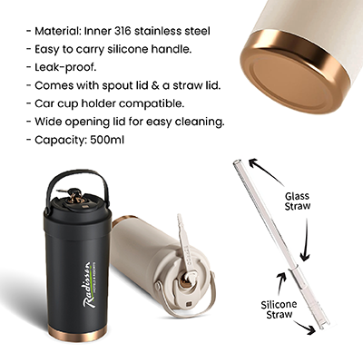 GOLD Dual Lid 316 S.Steel Bottle with Straw Handle – 500ml 13